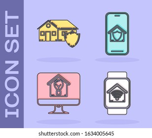 Set Smart watch with smart home with wi-fi, House under protection, Computer monitor with smart house and light bulb and Mobile phone with house under protection icon. Vector
