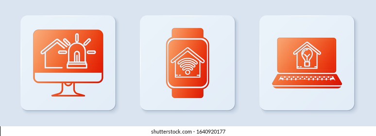 Set Smart watch with smart home with wi-fi, Computer monitor with smart house and alarm and Laptop with smart house and light bulb. White square button. Vector