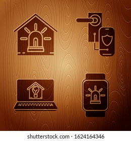 Set Smart watch with smart house and alarm, Smart house and alarm, Laptop with smart house and light bulb and Digital door lock with wireless technology for lock on wooden background. Vector