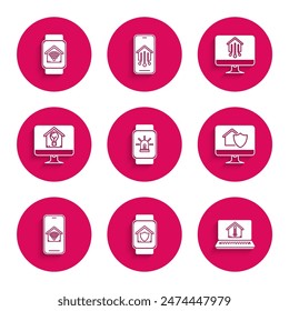 Set Smart watch with smart house and alarm, under protection, Laptop temperature, Computer monitor, Mobile phone home wi-fi, light bulb,  and  icon. Vector