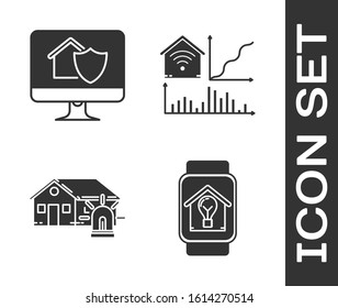 Set Smart watch with smart house and light bulb, Computer monitor with house under protection, Smart house and alarm and Smart home with wi-fi icon. Vector