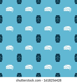 Set Smart watch with smart house and light bulb and House temperature on seamless pattern. Vector