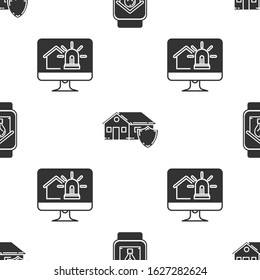 Set Smart watch with smart house and light bulb, House under protection and Computer monitor with smart house and alarm on seamless pattern. Vector