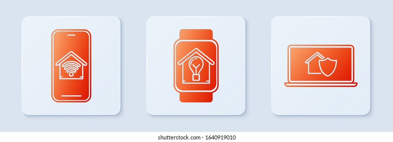 Set Smart watch with smart house and light bulb, Mobile phone with smart home with wi-fi and Laptop with house under protection. White square button. Vector