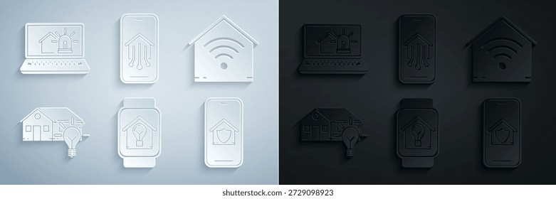 Defina o relógio inteligente com casa inteligente e lâmpada, wi-fi doméstico, telefone celular sob proteção e ícone de alarme do laptop. Vetor