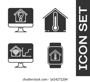 Set Smart watch with house temperature, Computer monitor with smart house and light bulb, Computer monitor with smart home with wi-fi and House temperature icon. Vector