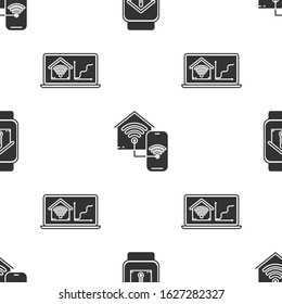 Set Smart watch with house temperature, Smart home with wi-fi and Laptop with smart home with wi-fi on seamless pattern. Vector