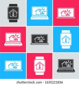 Set Smart watch with house temperature, Laptop with smart house and alarm and Laptop with smart house and alarm icon. Vector