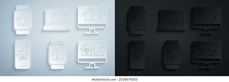 Establecer reloj inteligente con temperatura de la casa, monitor de computadora bajo protección, teléfono móvil inteligente y alarma, wi-fi en el hogar, computadora portátil e icono. Vector