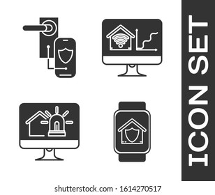 Set Smart watch with house under protection, Digital door lock with wireless technology for lock, Computer monitor with smart house and alarm and with wi-fi icon. Vector