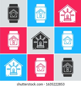 Set Smart watch with house under protection, Smart watch with smart house and light bulb and Smart house and alarm icon. Vector
