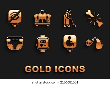 Set Smart watch, Human broken bone, Hearing aid, Disabled wheelchair, Adult diaper, Grandmother, Blindness and Man without legs sitting icon. Vector