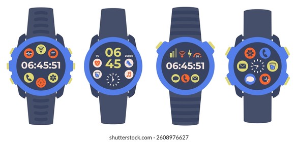 Set of Smart watch icons isolated. Modern Hand watch with black strap. Circle Smart watch top view. Digital watch with App icons. Vector illustration