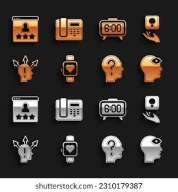 Set Smart watch, Light bulb, Man with third eye, Head question mark, Project team base, Digital alarm clock, Customer product rating and Telephone 24 hours support icon. Vector