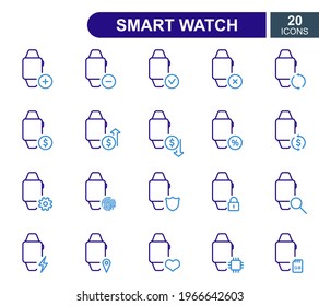 Conjunto de iconos de línea Smart Watch. Iconos de la línea del sistema de reparación, venta, préstamo, renovación y actualización de Smart Watch. Stroke editable. Ilustración vectorial.