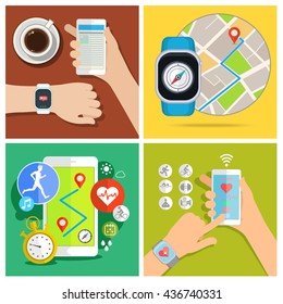 Set of smart watch new technology electronic device. Flat design, vector illustration.