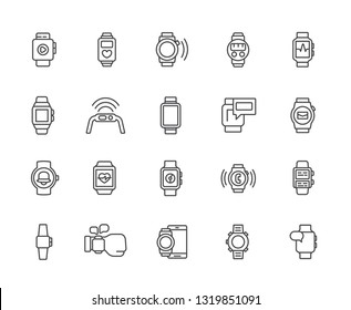 Set of smart watch Related Vector Line Icons. Includes such Icons as communication, watch, technology, sync, alert, message, call, fashion, pedometer, heartbeat, calories