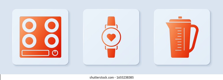 Set Smart watch showing heart beat rate , Gas stove  and Measuring cup. White square button. Vector