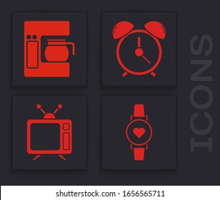 Set Smart watch showing heart beat rate , Coffee machine with glass pot , Alarm clock  and Television icon. Vector