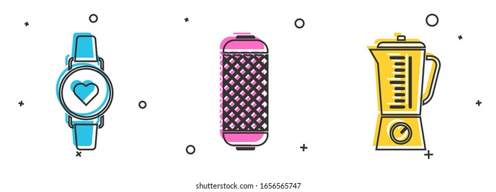 Ajuste el reloj inteligente que muestra el ritmo del latido del corazón, altavoz estéreo e icono de Blender. Vector