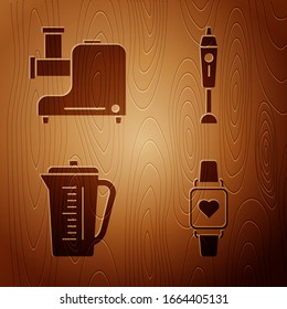 Set Smart reloj que muestra el ritmo del latido del corazón , Molino de carne de cocina , Tubo de medida y Blender sobre fondo de madera. Vector