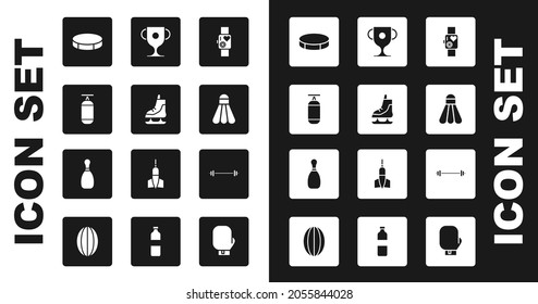 Set Smart watch showing heart beat rate, Skates, Punching bag, Hockey puck, Badminton shuttlecock, Award cup, Barbell and Bowling pin icon. Vector