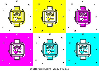 Set Smart watch showing heart beat rate icon isolated on color background. Fitness App concept.  Vector