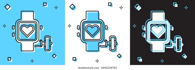 Set Smart watch showing heart beat rate icon isolated on blue and white, black background. Fitness App concept.  Vector