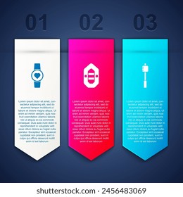 Set Smart watch showing heart beat rate, Rafting boat and Marshmallow on stick. Business infographic template. Vector