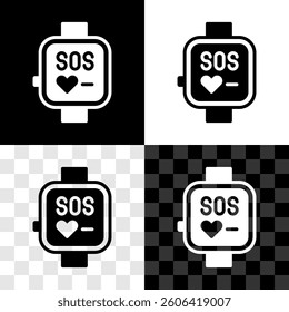 Set Smart watch showing heart beat rate icon isolated on black and white, transparent background. Fitness App concept.  Vector