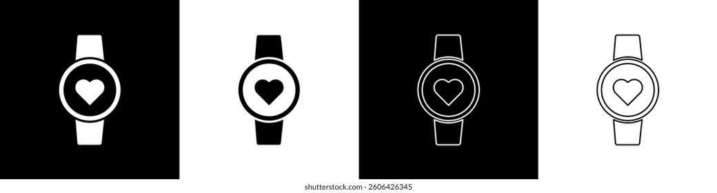 Set Smart watch showing heart beat rate icon isolated on black and white background. Fitness App concept.  Vector