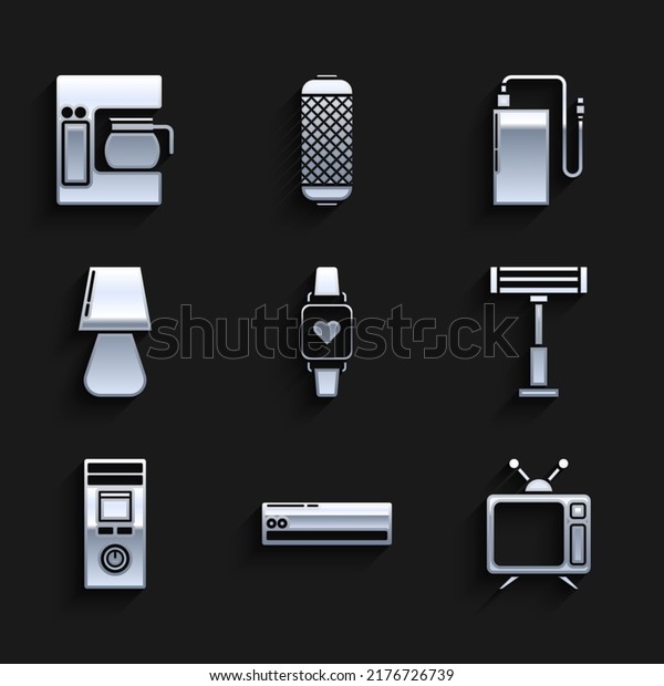 Set Smart watch showing heart beat rate, Air\
conditioner, Television, Electric heater, Remote control, Table\
lamp, Power bank with different charge cable and Coffee machine\
glass pot icon. Vector