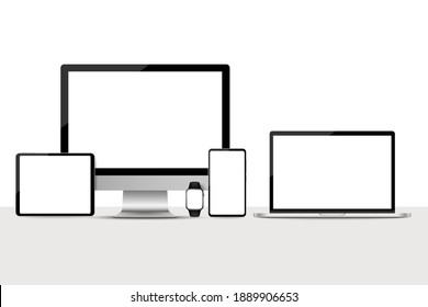 Set of smart watch, Smartphone, tablet, laptop and monitor, Electronic devices with blank screen