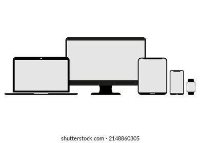 Conjunto de relojes inteligentes, Smartphone, tablet, laptop y monitor. Ilustración vectorial. eps10