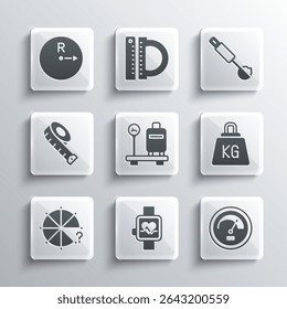 Set Smart watch, Speedometer, Weight, Scale with suitcase, Circle of pieces, Measuring tape, Radius and spoon icon. Vector
