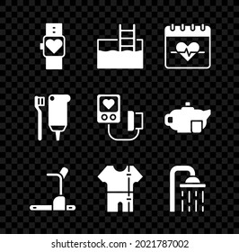 Set Smart watch, Swimming pool with ladder, Heart rate, Treadmill machine, Sport track suit, Shower head, Toothbrush and toothpaste and Blood pressure icon. Vector