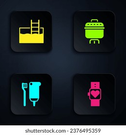 Set Smart watch, Swimming pool with ladder, Toothbrush and toothpaste and Cooking pot. Black square button. Vector