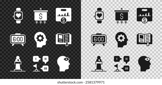 Set Smart watch, Target with dollar, Key performance indicator, Speaker, Planning strategy, Man third eye, Digital alarm clock and Human head gear inside icon. Vector