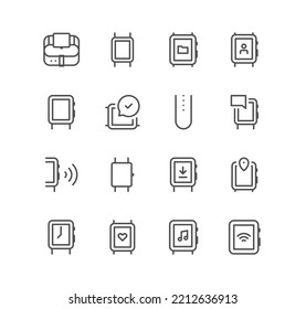 Set Of Smart Watch And Technology Icons, Wearable, Time, Wireless, Heart Beat, Music, Navigation And Linear Variety Vectors.
