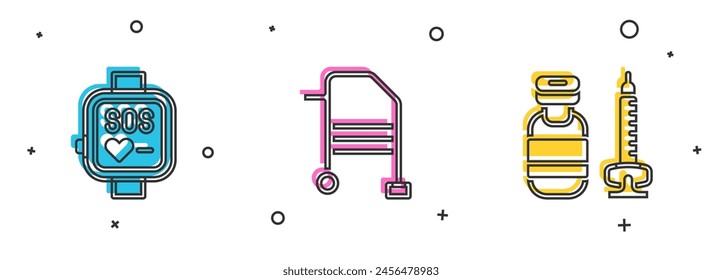 Set Smart watch, Walker and Syringe icon. Vector