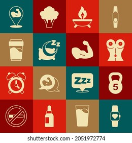 Set Smart watch, Weight, Women waist, Aroma candle, Time to sleep, Glass with water, Bodybuilder muscle and  icon. Vector