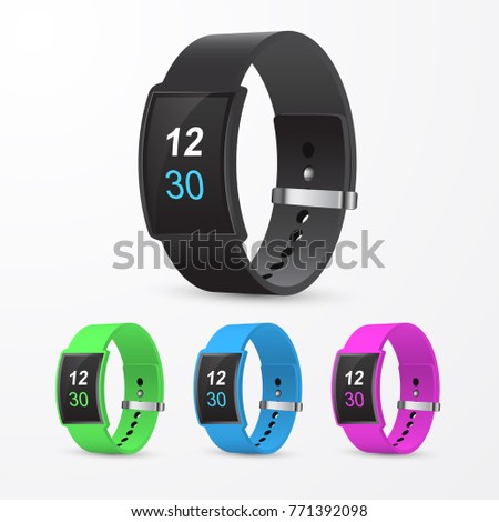 Set of Smart watches in different colors, 3d illustration, realistic vector