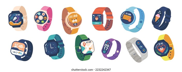 Set of Smart Watches, Fitness Trackers for Kids and Adults with Digital Display and Silicone Bracelets. Innovative Technology Devices, Smartwatch Modern Electronic Gadgets. Cartoon Vector Illustration