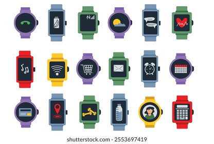 Set of smart watches, fitness trackers for kids and adults with digital display and silicone bracelets. Innovative technological devices, smart watches, modern electronic gadgets. Vector illustration