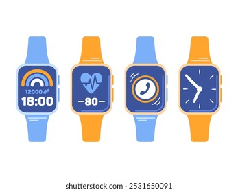 Set of smart watches, gadget variations. Physical activity tracker, time, heart rate indicator, phone call. Digital technology concept in flat design style. Vector illustration of a wristwatch.