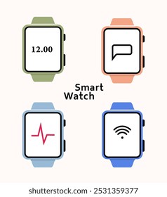 Un conjunto de relojes inteligentes. Vector de imágenes en color de relojes inteligentes en un estilo plano