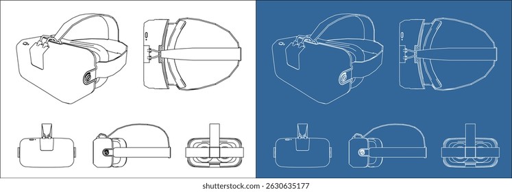 Set Smart Wearable VR AR Headset Blueprint – Technical Line Drawing Vector