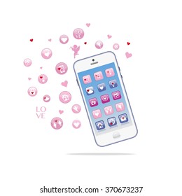 Set Smart-phone app concept. Valentine's Day holiday icons.