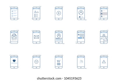 Set smartphone and app outline style. Vector line illustration