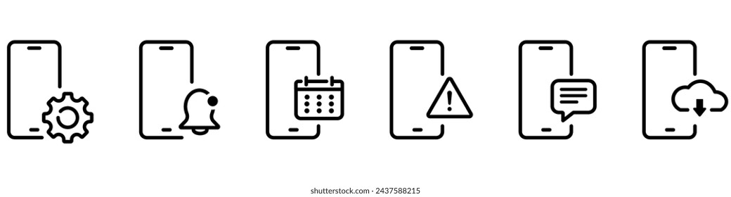 Conjunto de iconos de notificación de aplicación de smartphone. Configuración del teléfono, recordatorio de agenda, alerta de error, chat sms, símbolos vectoriales de memoria en la nube. Signo de descarga móvil de vector delgado.